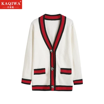

Autumn and winter net red new luxury sweater Pearl Rhinestone button knit thick coat color contrast V-neck knit cardigan coat