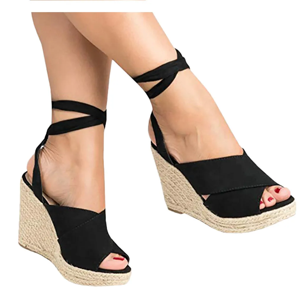 

Summer Shoes Woman Sandale Femme 2019 Slip-On Sandal Black Bandage Ladies Heels Fashion Wedges Women's Sandals chaussure femme