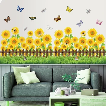 

Rural Style Sunflower Wall Stickers Yellow Flower Plant Baseboard Decal Nursery Kitchen Bathroom Glass Window Decor Mural Garden