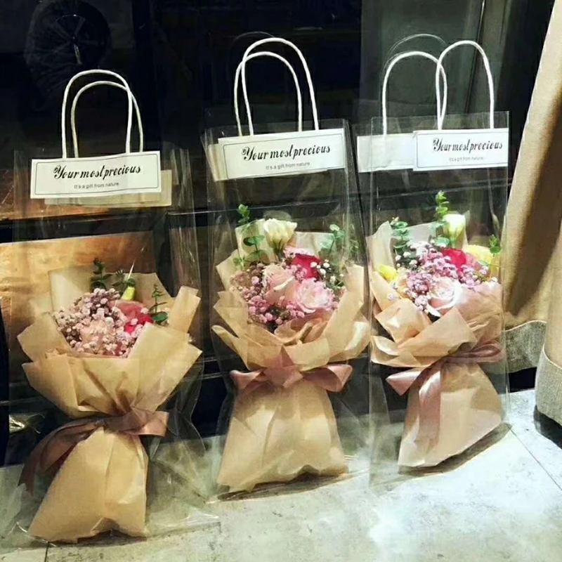 

PVC Clear Bag Flower Bouquet Bagging Transparent Gift Bag Collocation Packaging Portable Florist Decoration Long Tote