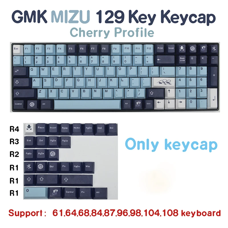 Chaves Gmk Mizu Pbt Keycap Cherry Profile Dye-sub Keycaps para Teclado Mecânico 61 64 84 108 Layout 129