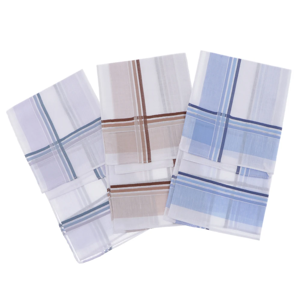 Set Of 3 High Quality Cotton Handkerchiefs For Men, Simple And Classic Plaid Design
