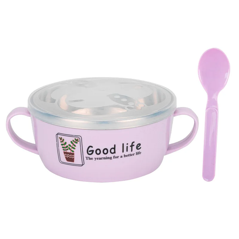 

Creative Children's Tableware Cartoon Handle Anti-fall Stainless Steel Bowl Double Insulated Bowls With Lid