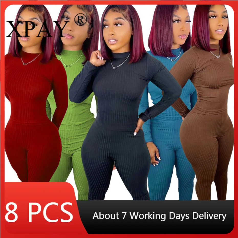 Wholesale Itmes Rib Knit Tracksuits For Women Fall Solid Slim 2 Piece