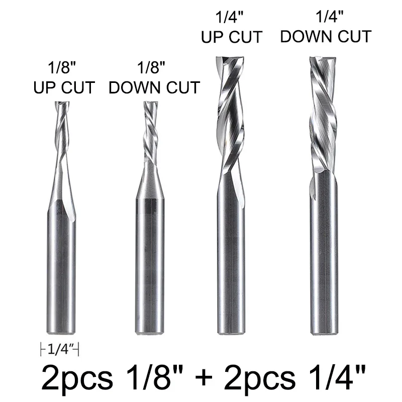 Дюймов размер вверх вырубить срез две флейты Карбид спиральный фрезы 3,175 мм 6,35 мм, фрезерный станок с ЧПУ, компрессионная деревообрабатывающая Концевая фреза - Длина режущей кромки: 4PC-3.175-6.35