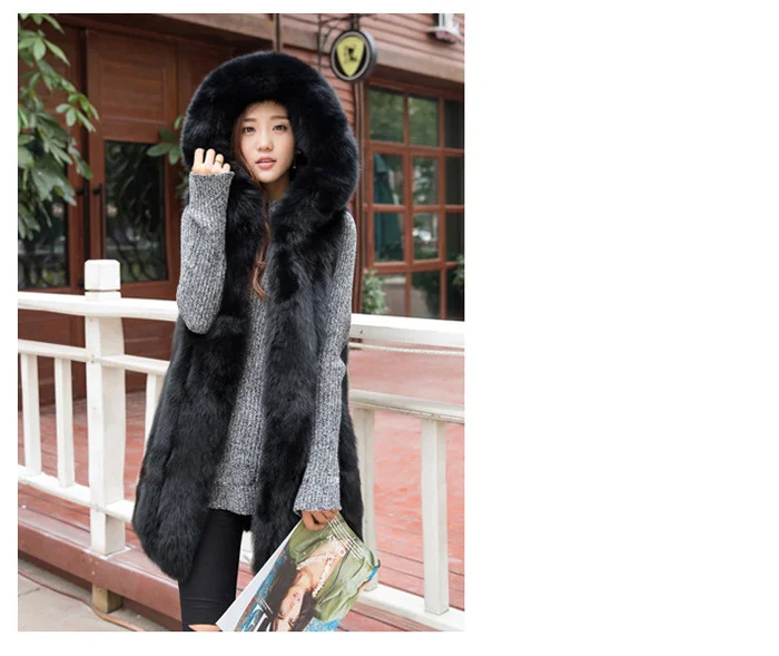 New Fur Vest Faux Fox Fur Coat Hooded Vest Vertical Stripe Medium-long Vest Women Winter Coat Outwear Casaco Feminino