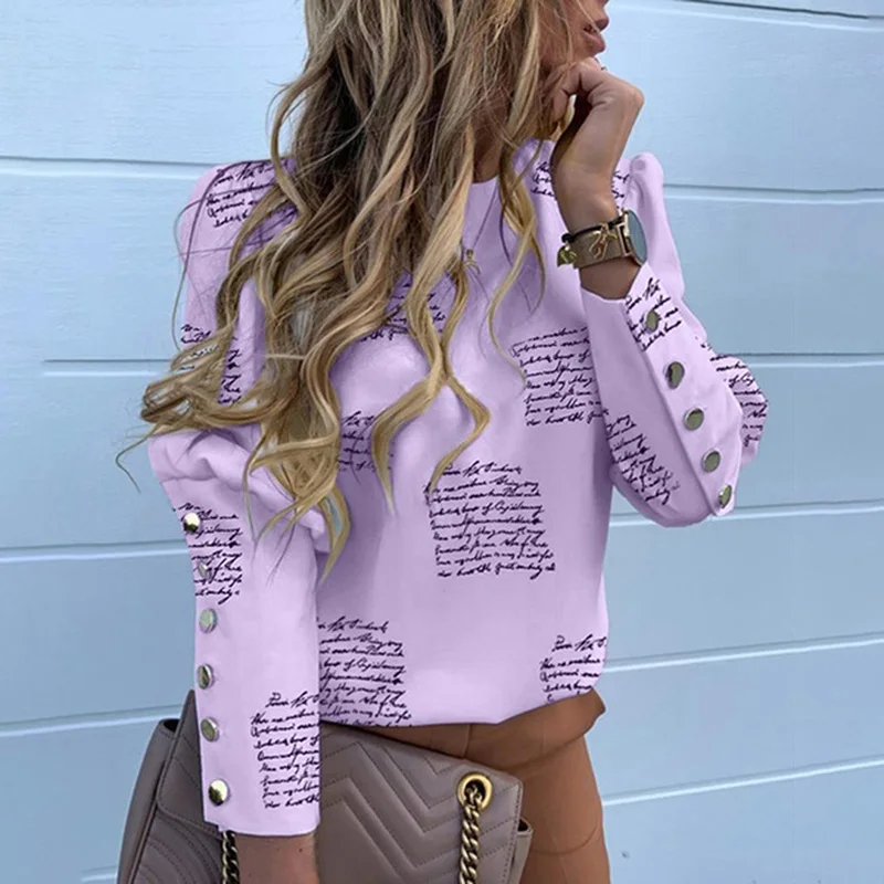 purple back nobutton Элегантная Новая блузка с пышными плечами, рубашки для офисных леди, Осенние блузки с металлическими пуговицами, женские топы с длинными рукавами и принтом ананаса - Цвет: purple back nobutton