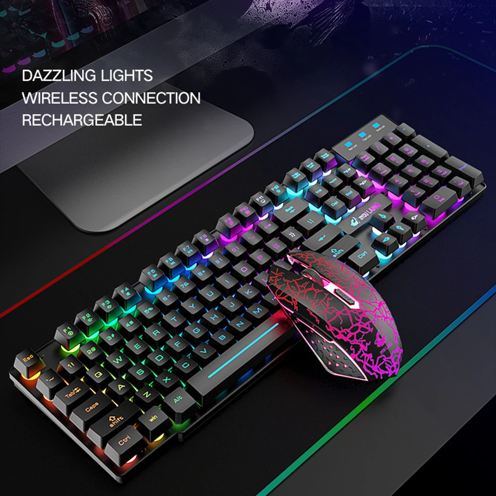 Wireless Rechargeable Colorful Light Gaming Keyboard Mouse Set for Laptops Keyboards Combos 3000mAh 800 1600 2400 DPI