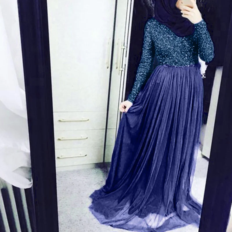 

Ladies Dress Prom Plus size Party Glitter Muslim 2019 Evening Fashion Long Tulle Long sleeve