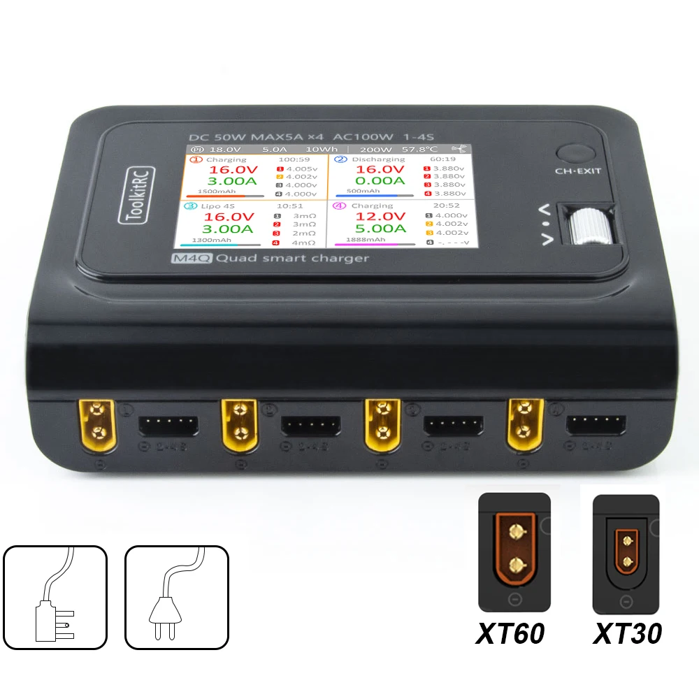 ToolkitRC M4Q 4x50 Вт 5A 1-4S AC 100 4 порта XT60 XT30 DC умное зарядное устройство 32 бит ARM IPS яркий