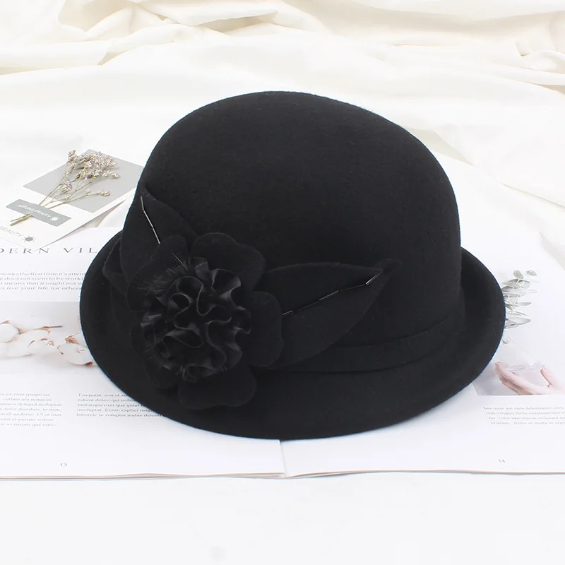 Pure Wool Hat Women Bucket Caps Female Lady Fedoras Floral Woolen Doom Hat Solid Color Quality Soft Warm for Dress Party