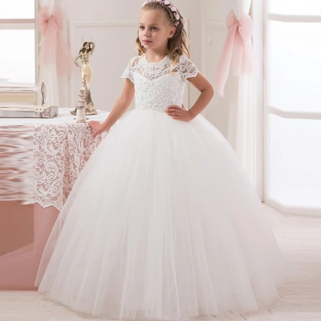 White Embroidered Organza Communion Dress w/ Ribbon - Pink Princess