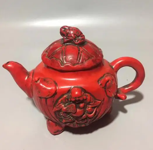

Chinese Handmade Red Coral Maitreya Buddha Happy Buddha Laughing Buddha Water Pot, Teapot, Wine Pot, Buddhist Figure Decoration