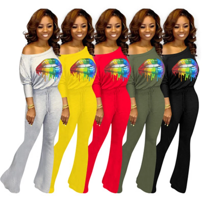 

Sexy One-Shoulder Ladies Jumpsuit Bat Sleeve Autumn Jumpsuit Drawstring Waist Loose Overalls Flared Pants Big Lips