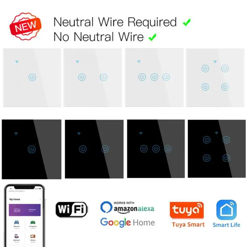 Умный сенсорный выключатель с Wi-Fi не требует нейтрального провода работает