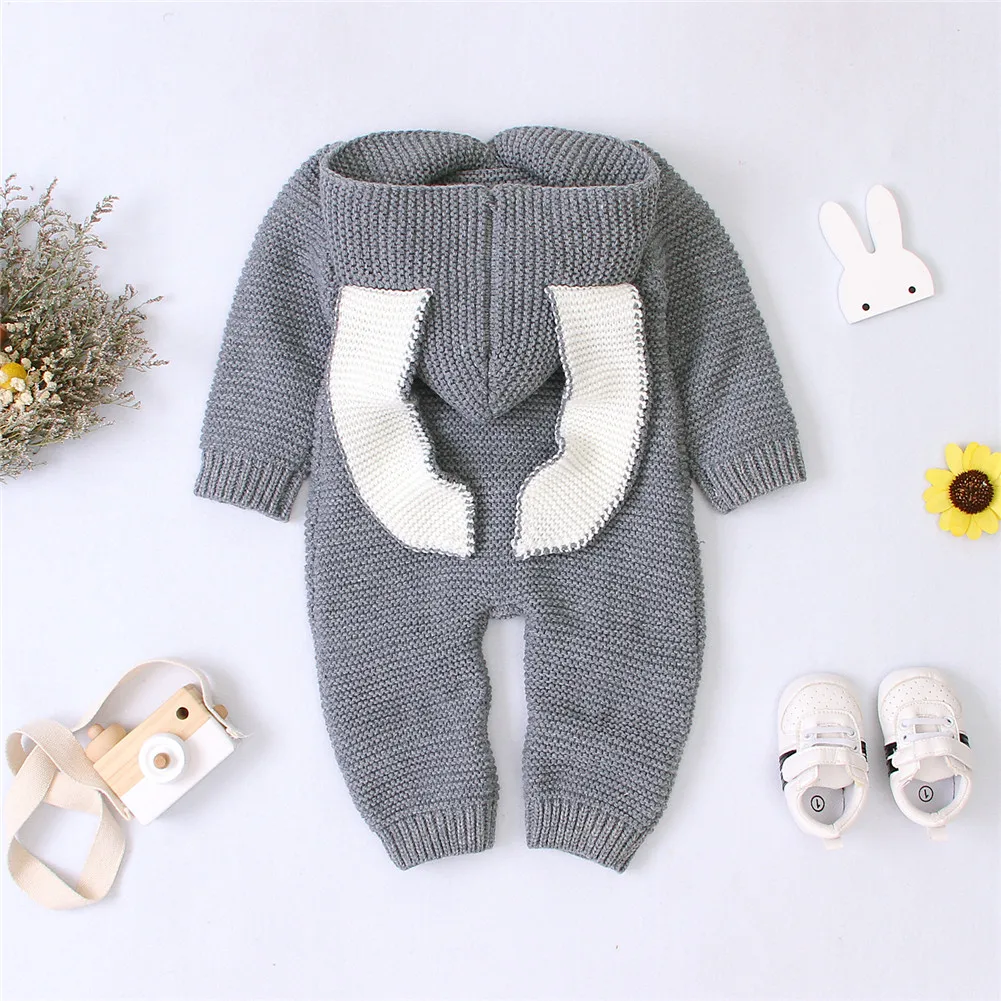 Милый детский хлопковый трикотажный комбинезон с кроликом для новорожденных; одежда для маленьких мальчиков и девочек; зимние костюмы на пуговицах с капюшоном и ушками; одежда с длинными рукавами