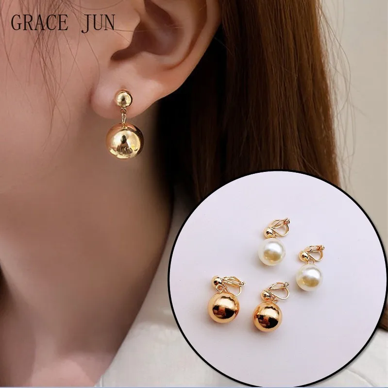 Ear Clip Earrings GRACE JUN Korean Style Gold Color Pearl Clip on Earrings No Pierced for Women Party Wedding Fashion Cuff Earrings Luxury Jewelry