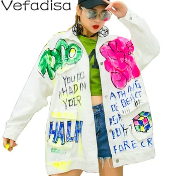 

Vefadisa White Graffiti Letter Print Women Jacket 2020 Autumn Fashion Ladies Denim Jacket Lapel Loose Women Denim Coat QYF3207