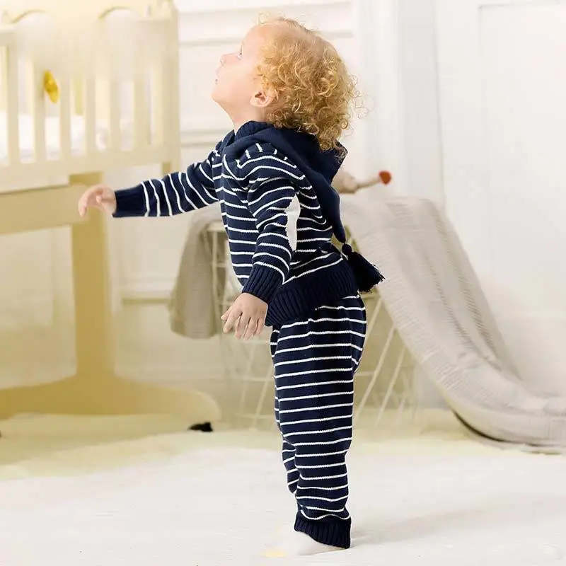 New Baby Girl Autumn Knitted Set Toddler Boy Striped Hooded Sweater+Elastic Waist Pants Warm Sport Suit 12M-3Y Kids Clothes Sets (6)