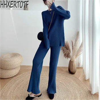 

2020 winter New Fashion Women's Thicken Warm Knitted Pullover Sweater Two-Piece Suits +High Waist Loose Wide Leg Pants Set
