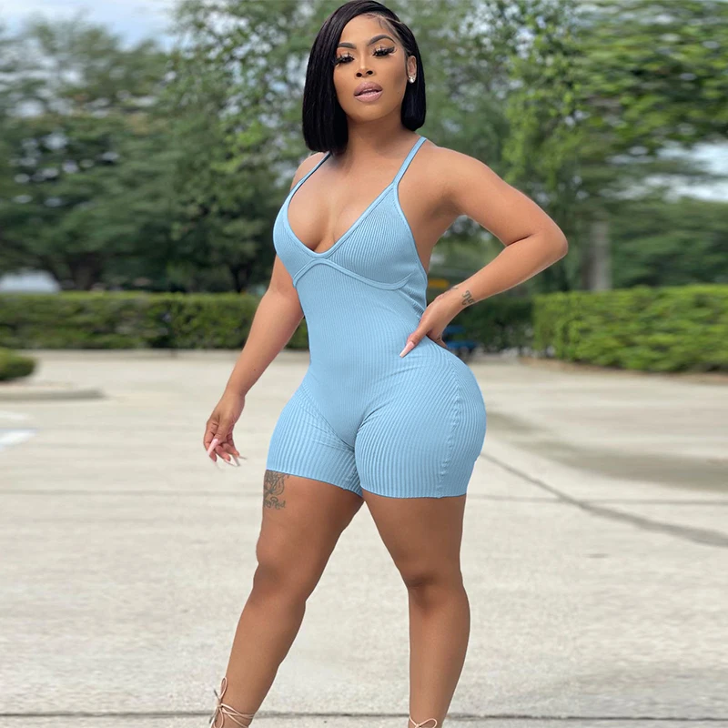 Summer Ribbed Female Jumpsuit Sexy Backless Sleeveless Casual Active Wear Rompers Solid Thleisure Sporty Biker Appareal Playsuit