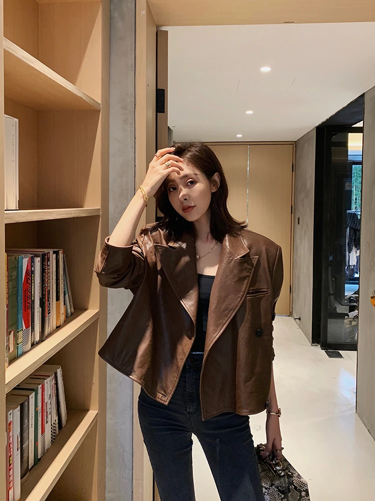 

2020 New Genuine Leather Leather Coat Female Sheep Leather Short Money Brown Leather Suit Coat Leather Jacket Autumn