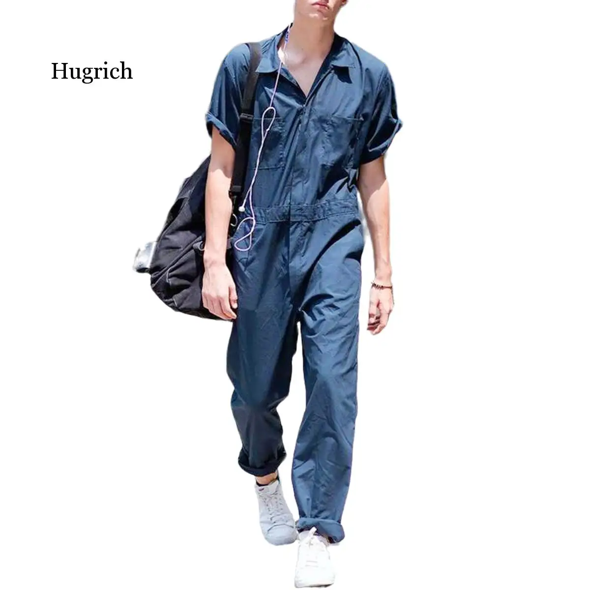 

Men Summer Casual Fashion Black/blue Romper Short Sleeve Solid Color Loose Overalls Jumpsuit with Pockets Plus Size