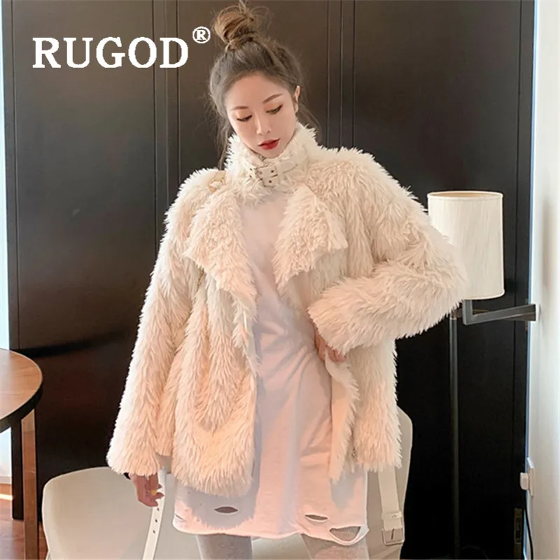 RUGOD модное пушистое пальто из овечьей шерсти, женское элегантное плотное зимнее пальто со стоячим воротником и длинным рукавом, корейское Новое флисовое пальто casaso