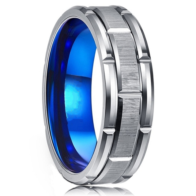 Styles Men Blue Grooved Black Stainless Steel Ring Koa Wood And Abalone Shell Inlay Arrow Red Meteorite Ring Men Wedding Band