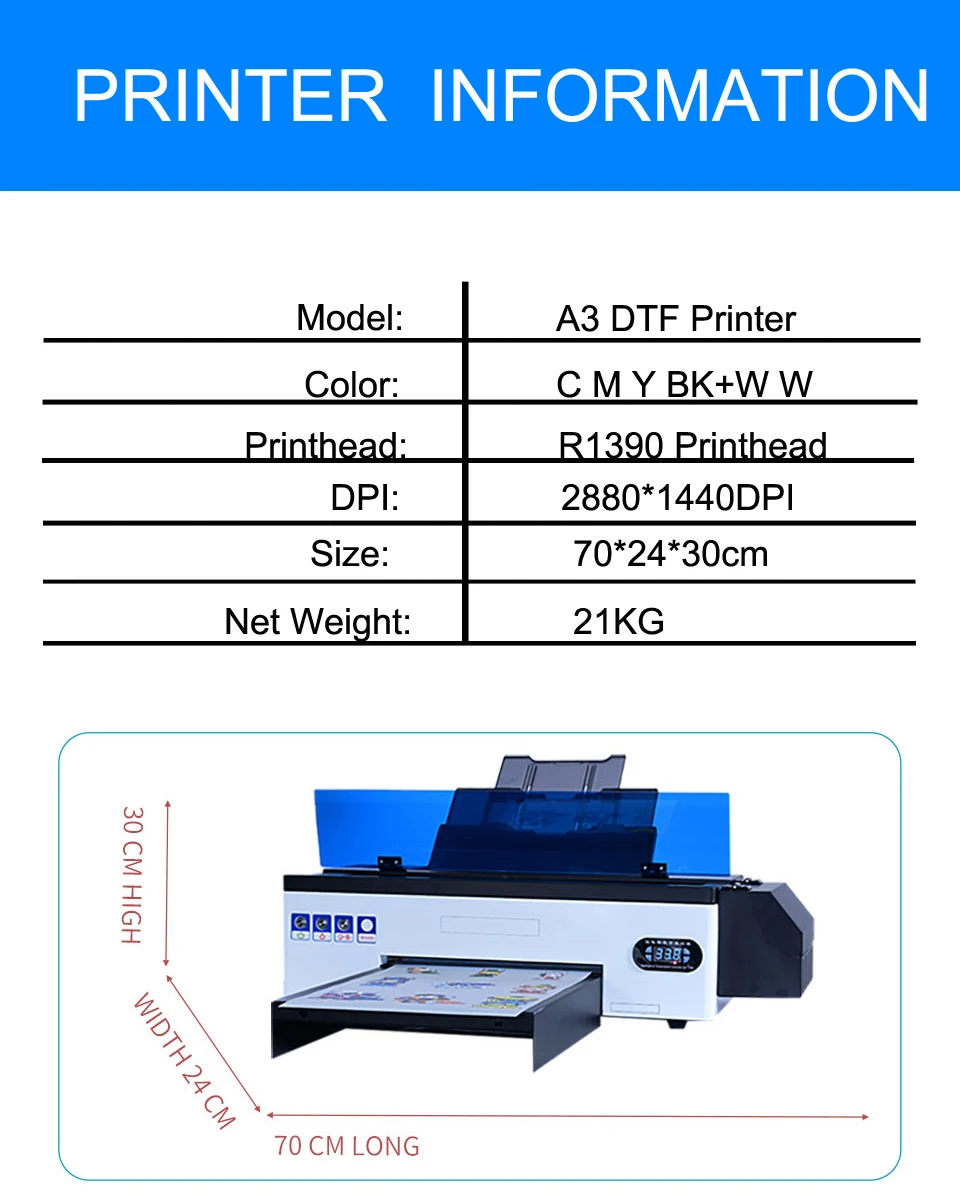 A3 DTF stampante inchiostro bianco Pet Film macchina da stampa a trasferimento termico macchina da stampa ForT-shirt