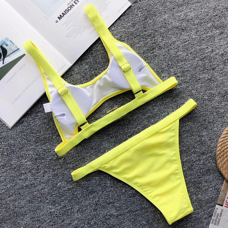 H7e170736854c4f268c3e481ba42b093fQ Neon Green High Waist bikini 2019 Adjust Strap Swimsuit women Thong Swimwear Female Two pieces bikini set Brazilian Bathing Suit