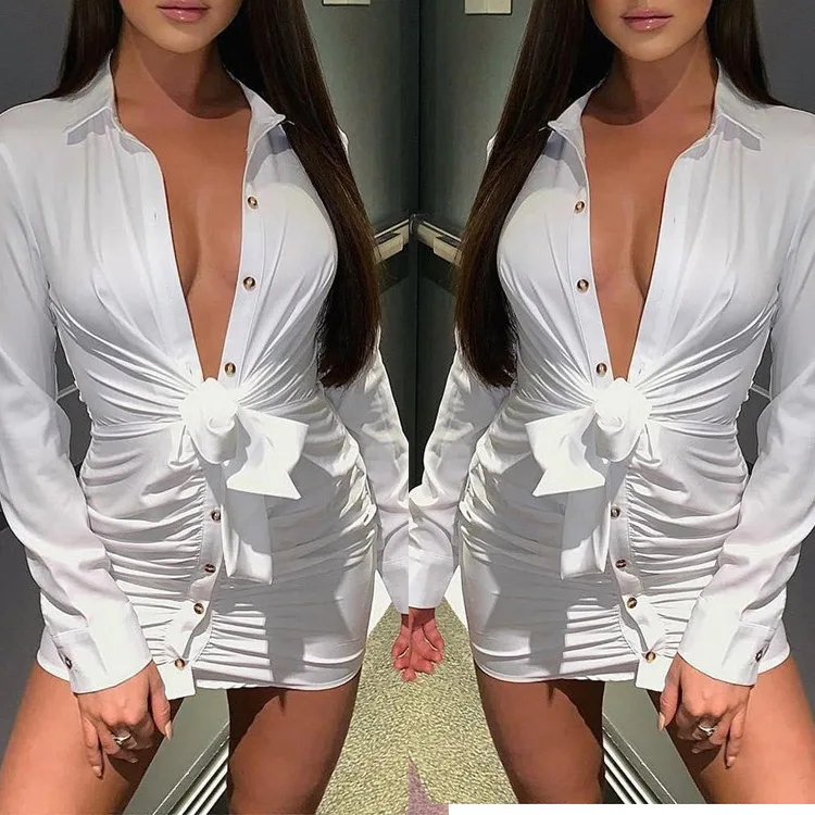 

White lapel long sleeve sexy single-breasted hip dress female solid color V-neck casual elegant club party club short Vestido
