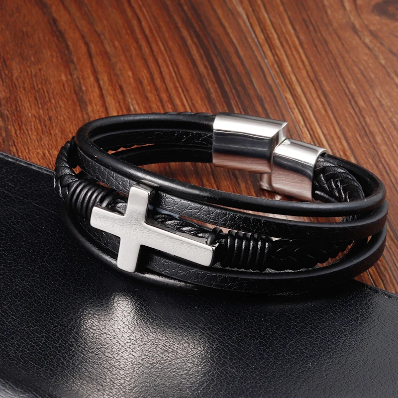 Luxury Multicolor Cross Design Classic Stainless Steel Men's Leather Bracelet Choose Handsome Men's Gifts - Image 2