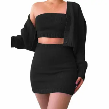 

Women's Casual Fashion Autumn knitted tube tops coat skirt suits two pieces tight party Cardigan Mini dress three pieces set