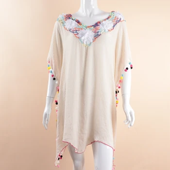 

A3292 Khaki Color Beach Dress Square Clothes Tunic with Fringe Crochet Flower Women Swimsuit Plus Size Beach Outing Pareo