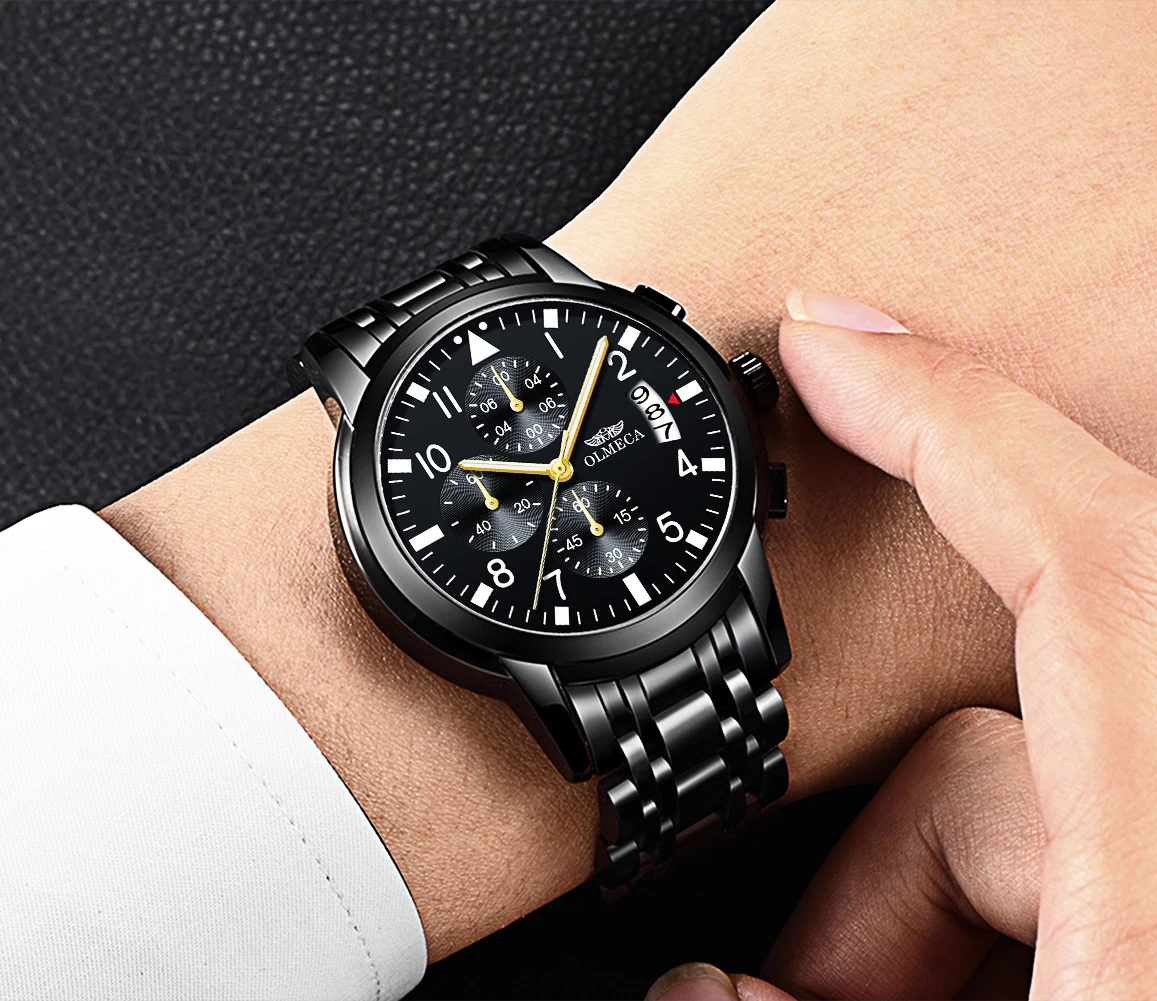 OLMECA золотые мужские наручные часы из нержавеющей стали новые роскошные брендовые многофункциональные водонепроницаемые светящиеся Мужские кварцевые часы