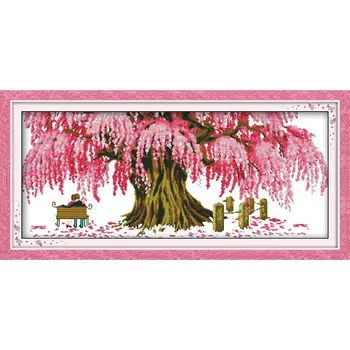 

Looking Forward To Happiness Pink Tree Cross-stitch Sets Diy Embroidery Needlework Kits Painting Counted Print on Canvas DMC14ct