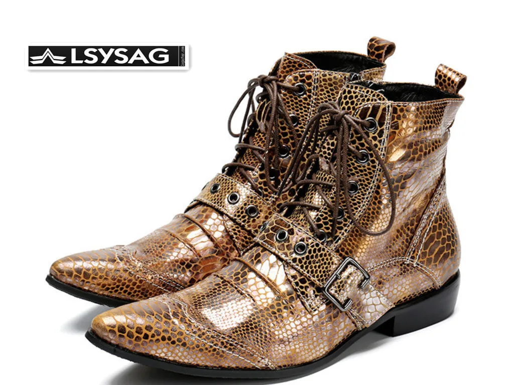 

Fashion Snake Pattern Gold Men Genuine Leather Boots Pointed Toe Men Ankle Boots Luxury Lace Up Motorcycle Boots