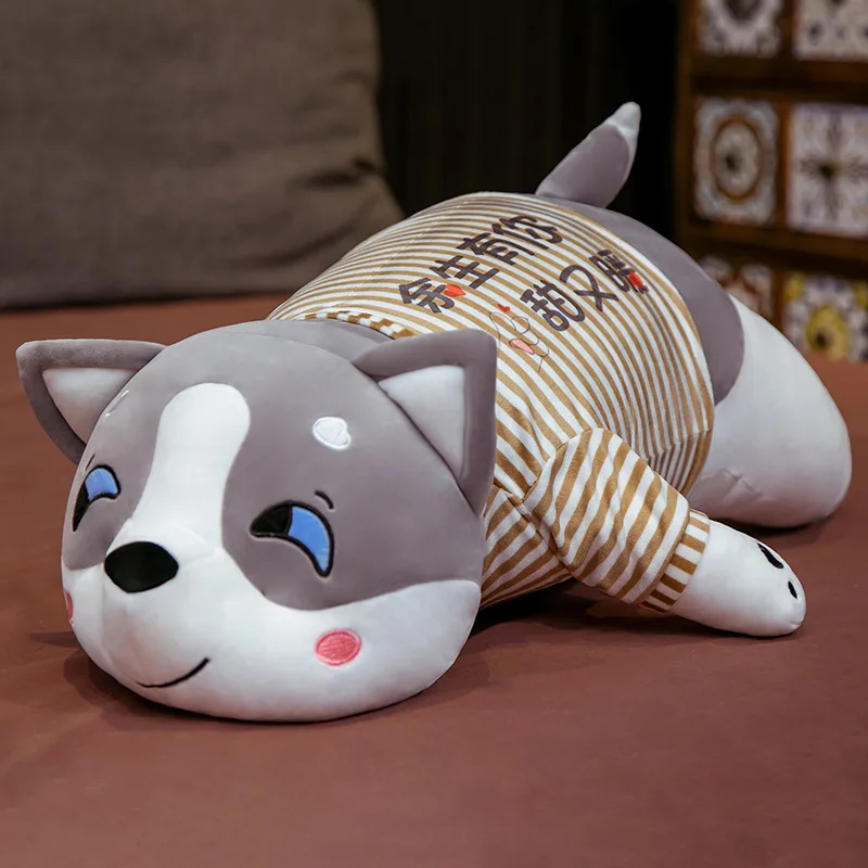thumbnail image 1 of Muñeco de peluche de Husky de 80cm/100cm, ropa a rayas, juguete de peluche suave de Husky tumbado, animales de perro gris/Negro, regalo de cumpleaños para niños, 1 of 5