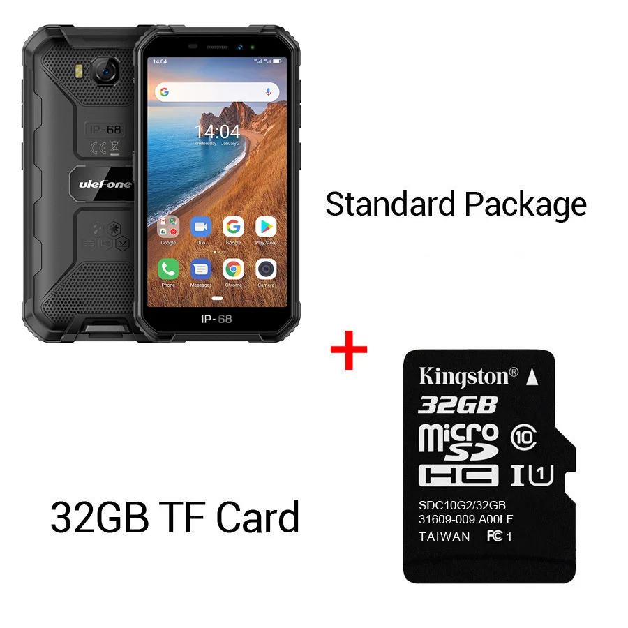 Ulefone Power X6 ip68 5,0 ''android 9,0 2 Гб оперативной памяти, 16 Гб встроенной памяти, 8MP телефон Quad-core MT6580A 5 V/1A 4000 мА/ч, чехол для мобильного телефона - Цвет: Black N 32GB Card
