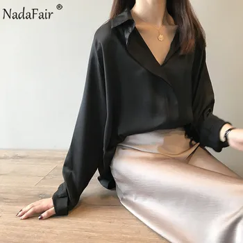 

Nadafair Casual Solid Satin Blouse Shirt 2020 Long Sleeve Elegant Office Work Silk Women Tops Blouse