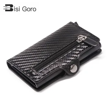 

BISI GORO Carbon fiber Purse Men's Card Wallet RFID Blocking Mini Wallet Male Card Holder Small Zipper Coin Purse Smart Wallet