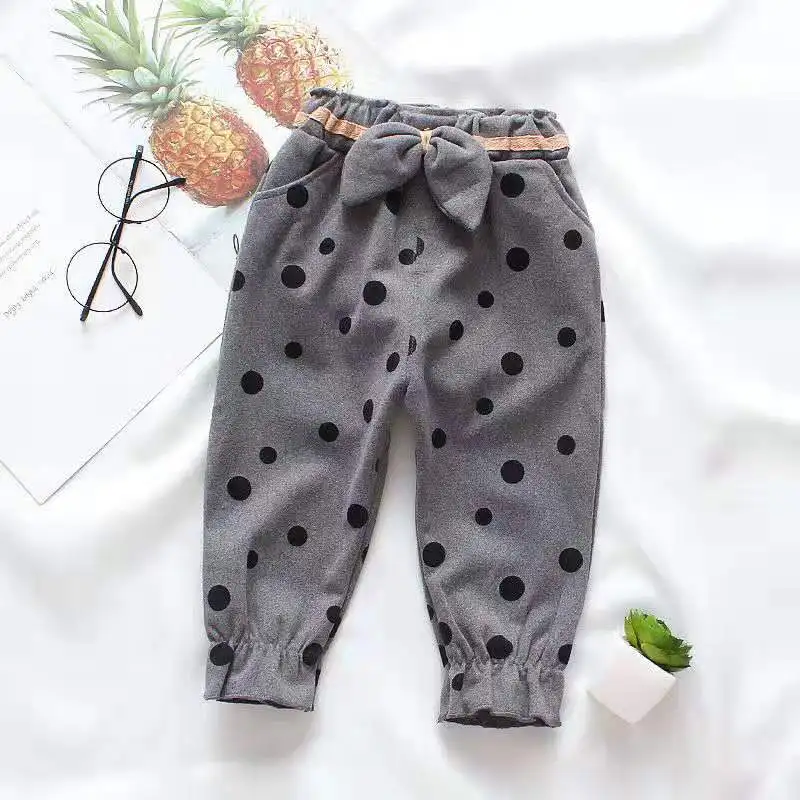 Штаны для девочек детская одежда на осень и весну, брюки детские штаны для маленьких девочек, штаны-шаровары в горошек, 80-120 - Цвет: bow grey