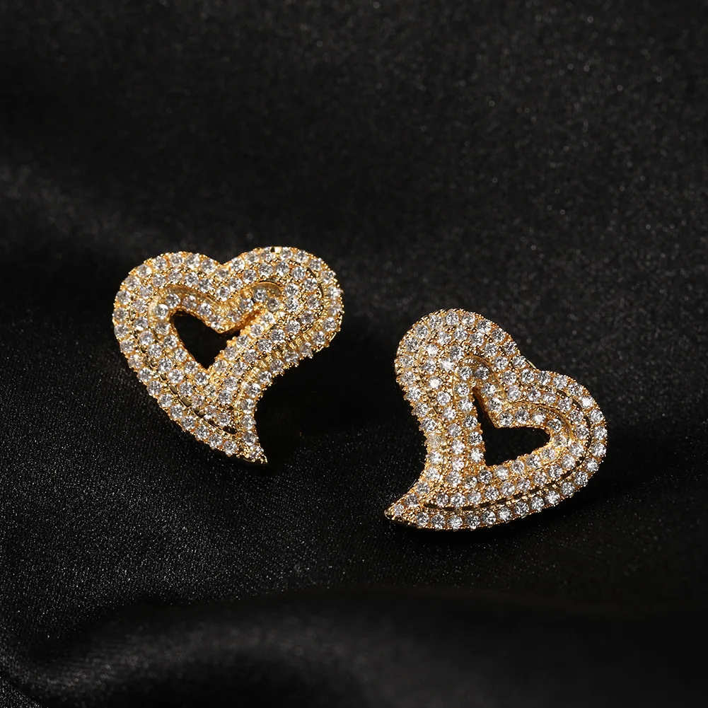 Stud earrings for women men Hollowed Out Heart Hip Hop Iced Out Gold Silver Color Ear Jewelry