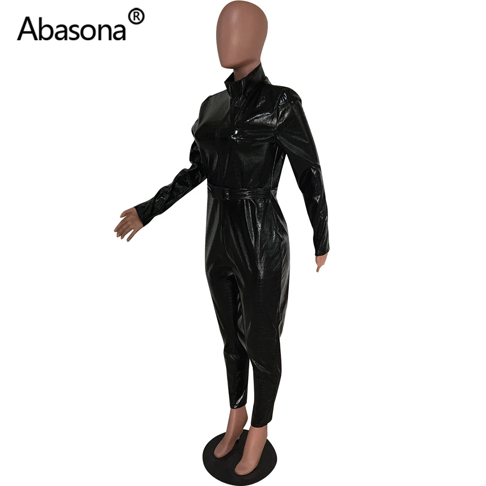 Abasona, Осенний женский зимний Облегающий комбинезон из искусственной кожи с длинным рукавом, женские комбинезоны, длинные штаны, вечерние комбинезоны для ночного клуба