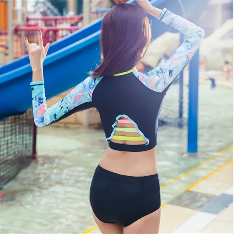 

South Korea-Printed Mixed Colors Bathing Suit Women's Cutout-Waist Long Sleeve Trousers Slim Fit Slimming Swimwear Sun-resistant
