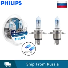 Philips H4 9003 White Vision 3700K Intense White Xenon White Car Headlight Auto Halogen Hi/lo Beam ECE 12342WHVSM, Pair+ 2x T10