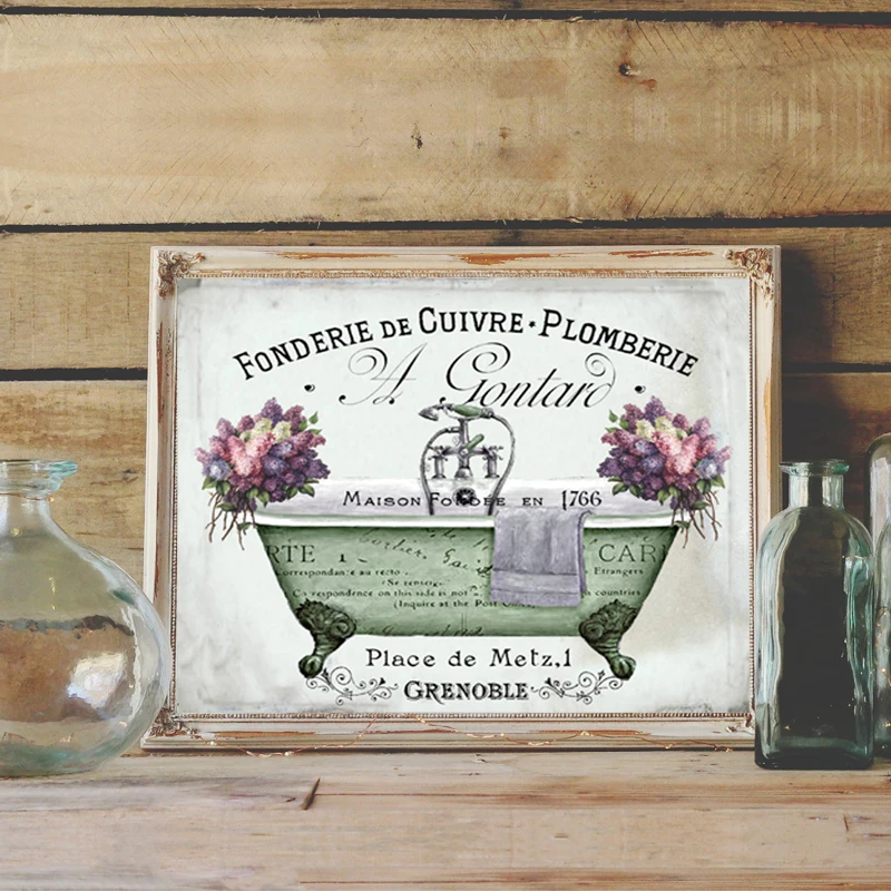 Vintage-French-Style-Shabby-Victorian-Bathtub-Canvas-Prints-Watercolor-Floral-Bathroom-Wall-Art-Painting-Pictures-Decoration