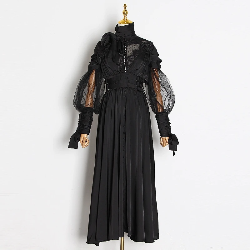 Goodlishousi высококачественное Благородное женское длинное платье макси кружевное лоскутное газовое однотонное сексуальное платье с открытой спиной и рукавами-фонариками - Цвет: Черный