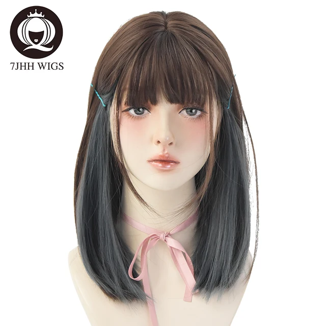 7JHH WIGSTORE 2021 NEW Style Top Black Double Colors Blue Brown Long Straight Hair For Girls Daily Wear Wig Women's Cosplay Hair H6150-1